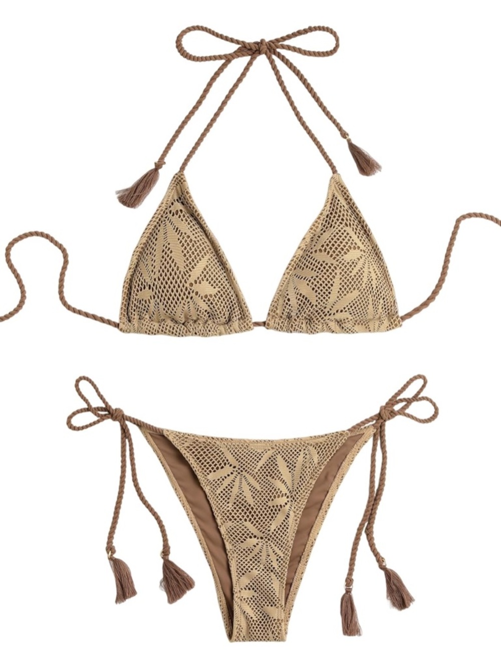 Women’s Beige Crochet Triangle Bikini Top and Tie-Side Bottom
